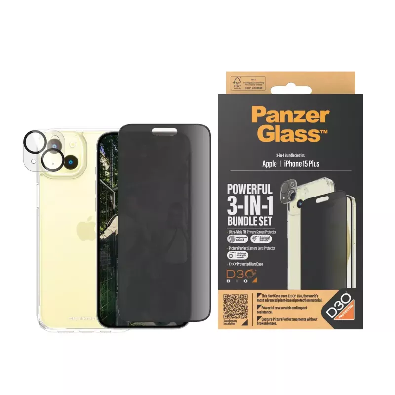 PanzerGlass Privacy 3-in-1 komplekts iPhone 15 Plus rūdītais stikls