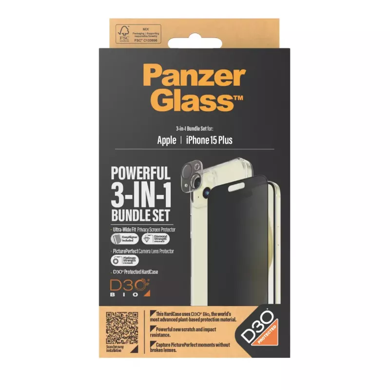 PanzerGlass Privacy 3-in-1 komplekts iPhone 15 Plus rūdītais stikls