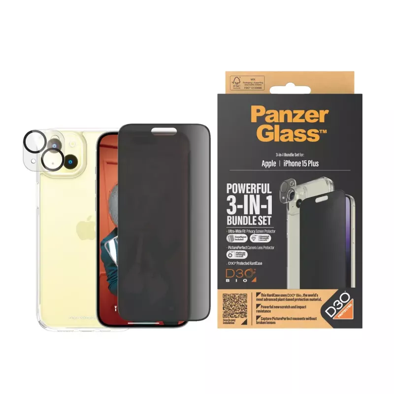 PanzerGlass Privacy 3-in-1 komplekts iPhone 15 Plus rūdītais stikls