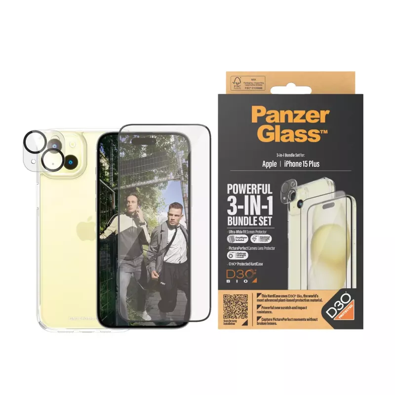 PanzerGlass 3-in-1 komplekts iPhone 15 Plus triecienizturīgs rūdīts stikls