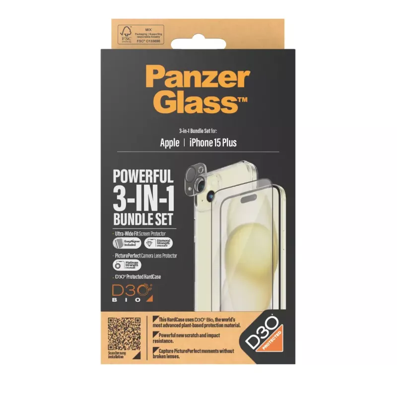PanzerGlass 3-in-1 komplekts iPhone 15 Plus triecienizturīgs rūdīts stikls