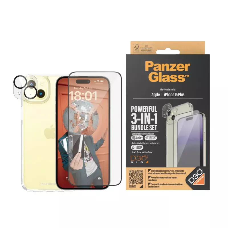 PanzerGlass 3-in-1 komplekts iPhone 15 Plus triecienizturīgs rūdīts stikls