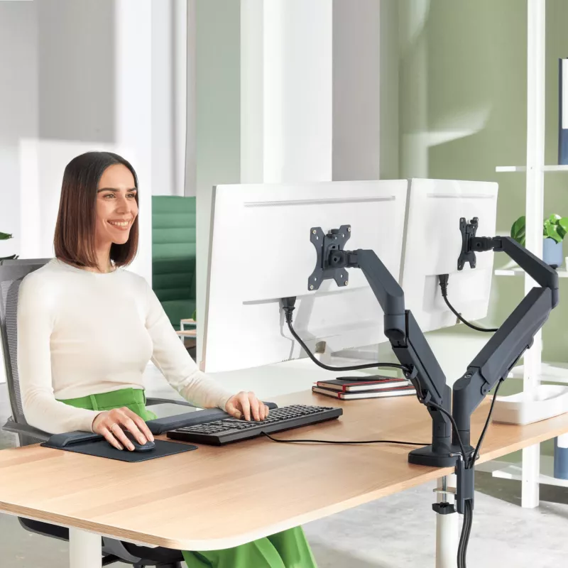 Leitz Ergo Space Saving Dual Monitor Arm, 9 kg, 43,2 cm (17 collas), 81,3 cm (32 collas), 75 x 100 mm, augstuma regulēšana, pelēks