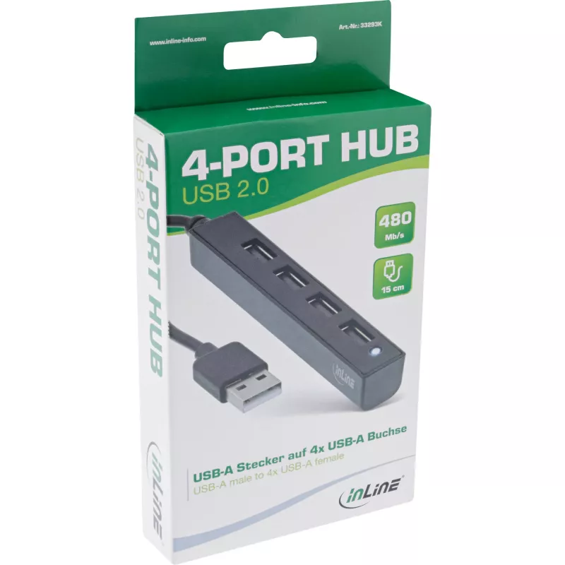 InLine USB 2.0 4-portu centrmezgls, USB-A spraudnis uz 4x USB-A sievišķo, kabelis 15 cm