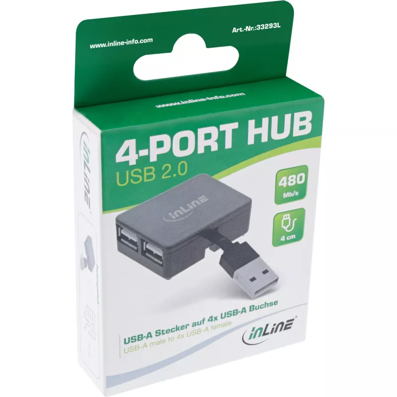 InLine USB 2.0 4 portu centrmezgls, USB-A vīr. uz 4x USB-A siev., kabelis 4 cm