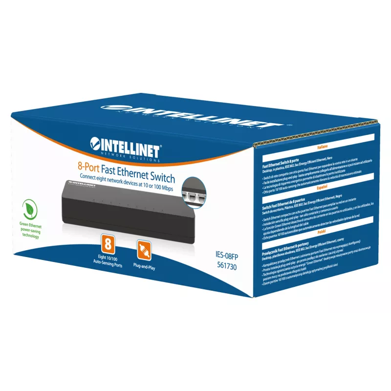 Intellinet 8 portu Fast Ethernet slēdzis, galddatora izmēra, plastmasas korpuss, IEEE 802.3az (energoefektīvs Ethernet), melns