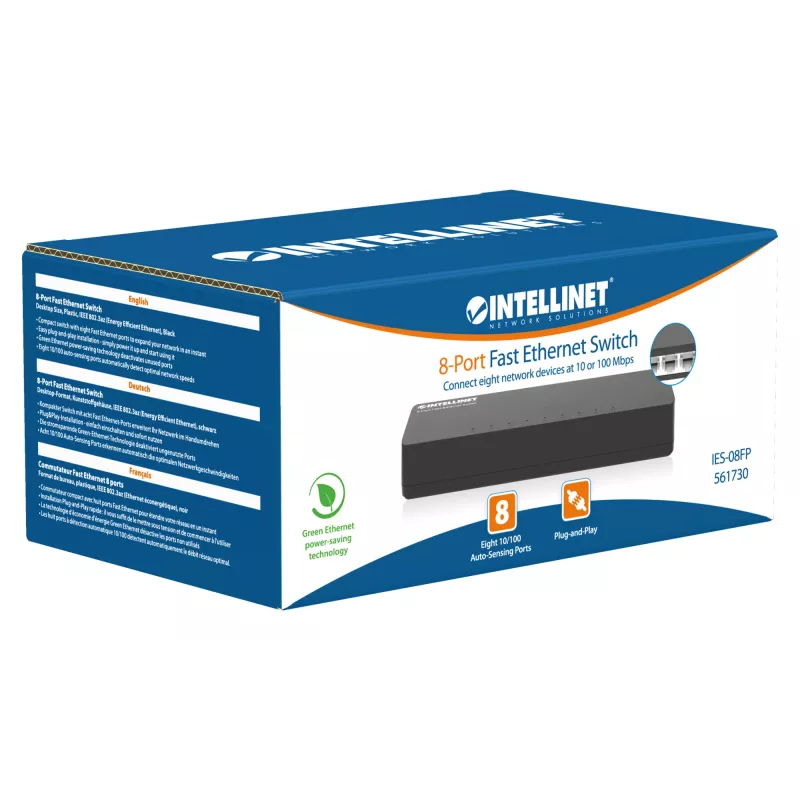 Intellinet 8 portu Fast Ethernet slēdzis, galddatora izmēra, plastmasas korpuss, IEEE 802.3az (energoefektīvs Ethernet), melns