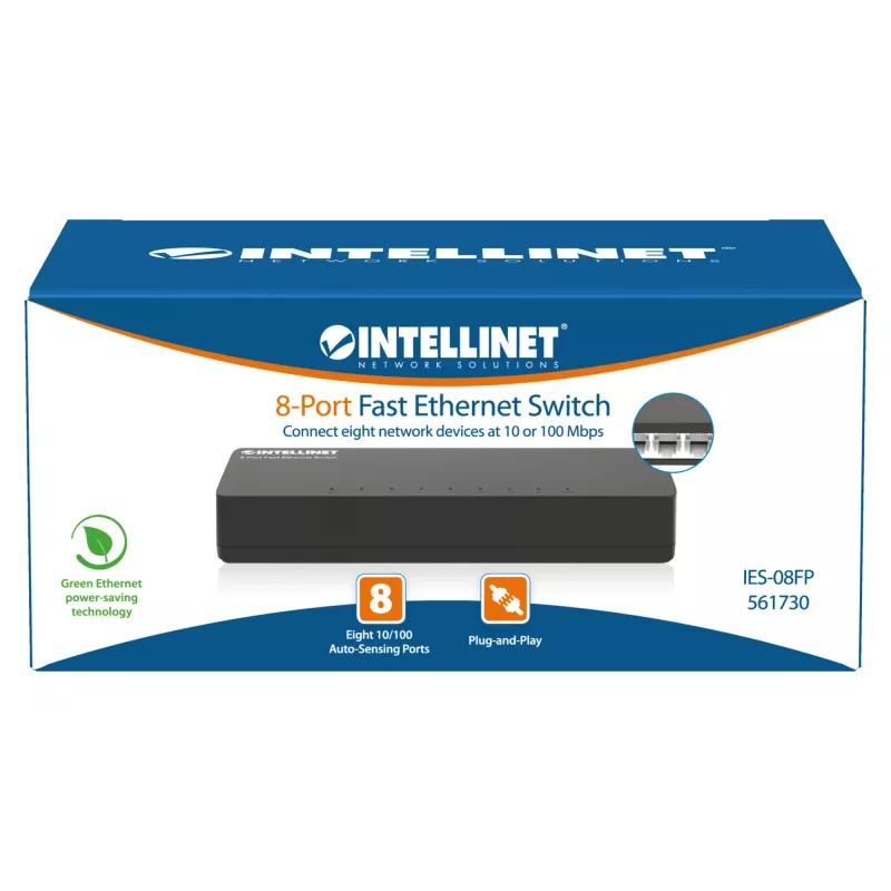 Intellinet 8 portu Fast Ethernet slēdzis, galddatora izmēra, plastmasas korpuss, IEEE 802.3az (energoefektīvs Ethernet), melns