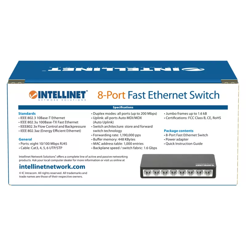 Intellinet 8 portu Fast Ethernet slēdzis, galddatora izmēra, plastmasas korpuss, IEEE 802.3az (energoefektīvs Ethernet), melns