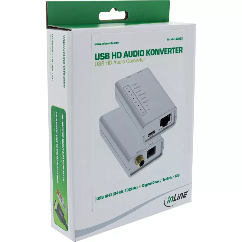 USB HD Audio adapteris InLine 33053I 24 bitu 192kHz digitālais koaksiālais/Toslink/I2S pārveidotājs