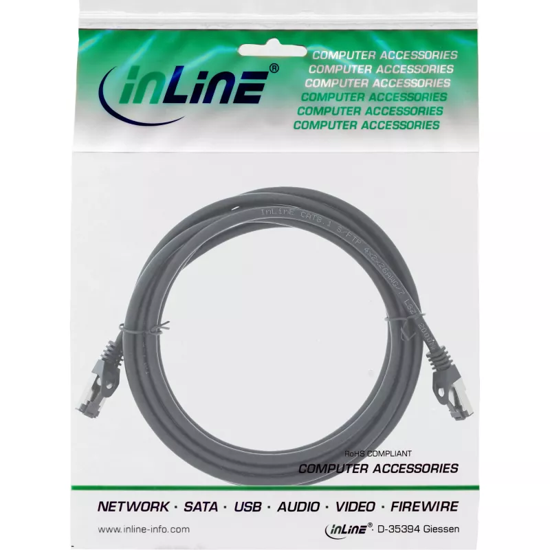InLine komutācijas kabelis S/FTP PiMF Cat.8.1 bez halogēna 2000MHz melns, 3m