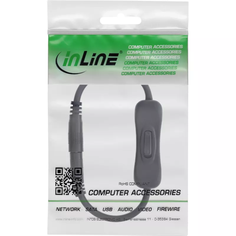 InLine līdzstrāvas kabelis ar slēdzi, līdzstrāvas vīrišķais/sieviešu 4,0x1,7 mm, AWG 18, melns, 0,20 m