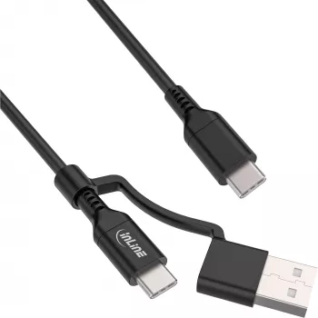 InLine 2-in-1 USB-C kabelis + USB-A adapteris, USB 2.0, 100W, TPE, melns, 1m