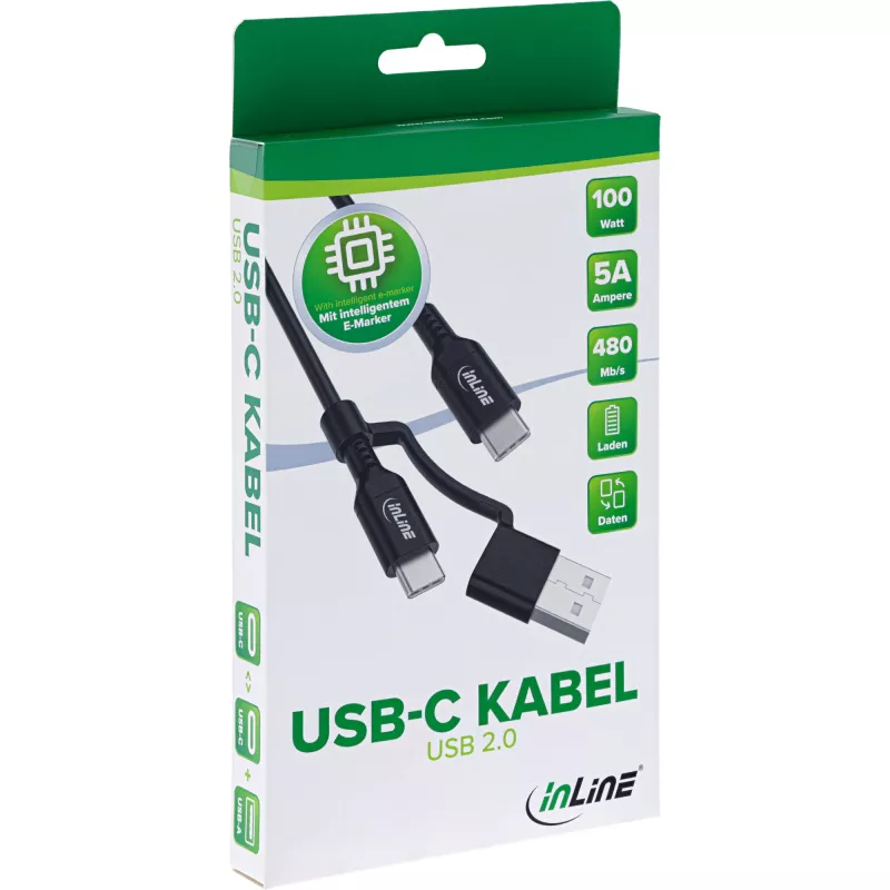 InLine 2-in-1 USB-C kabelis + USB-A adapteris, USB 2.0, 100W, TPE, melns, 2 m