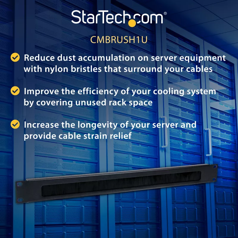 StarTech.com 1U augsta blīvuma suku sloksnes kabeļu pārvaldības panelis, izturīgs tērauda horizontāls datu centra kabeļu organizators