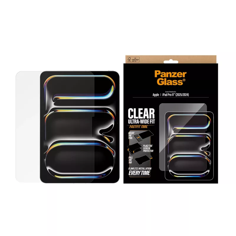 PanzerGlass rūdīta stikla ekrāna aizsargs iPad Pro 11 collas (2024–2025) ar Ultra-Wide Fit un FastFit rīku