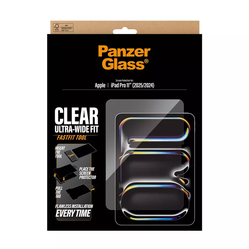 PanzerGlass rūdīta stikla ekrāna aizsargs iPad Pro 11 collas (2024–2025) ar Ultra-Wide Fit un FastFit rīku