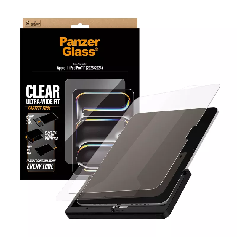 PanzerGlass rūdīta stikla ekrāna aizsargs iPad Pro 11 collas (2024–2025) ar Ultra-Wide Fit un FastFit rīku