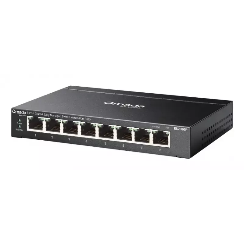 TP-Link Omada ES208GP tīkla komutators, pārvaldāms, L2, Gigabit Ethernet (10/100/1000), Power over Ethernet (PoE), DIN sliede, melns
