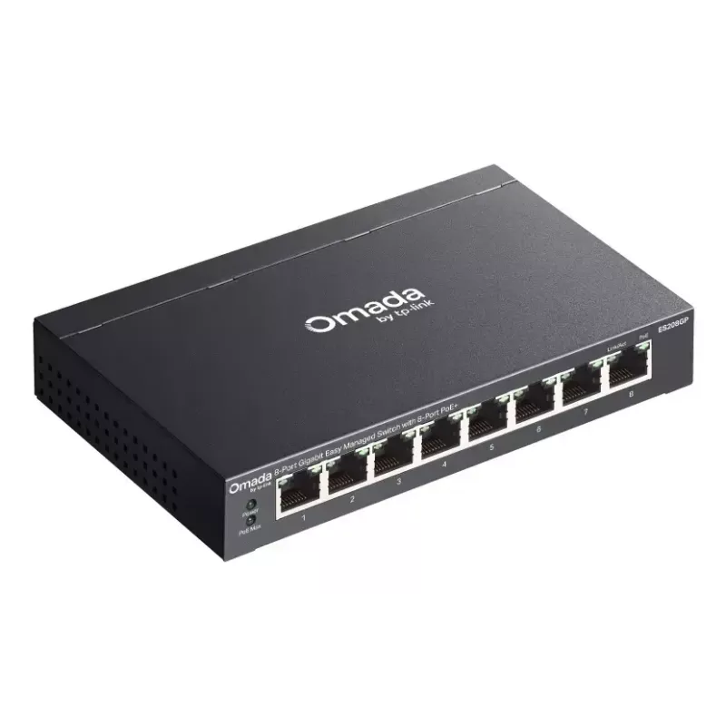 TP-Link Omada ES208GP tīkla komutators, pārvaldāms, L2, Gigabit Ethernet (10/100/1000), Power over Ethernet (PoE), DIN sliede, melns