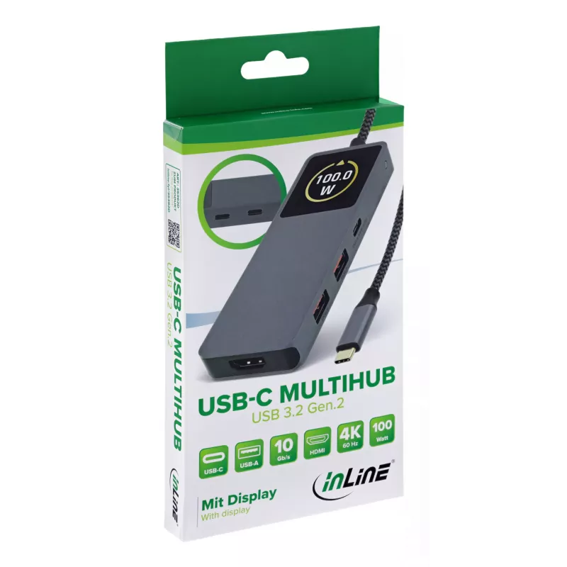 USB-C saskarnes centrmezgls InLine 35392D USB 3.2 Gen 2 Type-C resursdators uz HDMI, USB-A, USB-C 10000 Mbit/s Pelēks