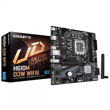 GIGABYTE H610M D3W WIFI6 mātesplate - atbalsta 14. paaudzes Intel Core CPU, 5+1+1 fāžu VRM, līdz 5600MHz DDR4, 1xPCIe 3.0 M.2, Wi-Fi 6, 1GbE LAN, USB 3.2 Gen 1