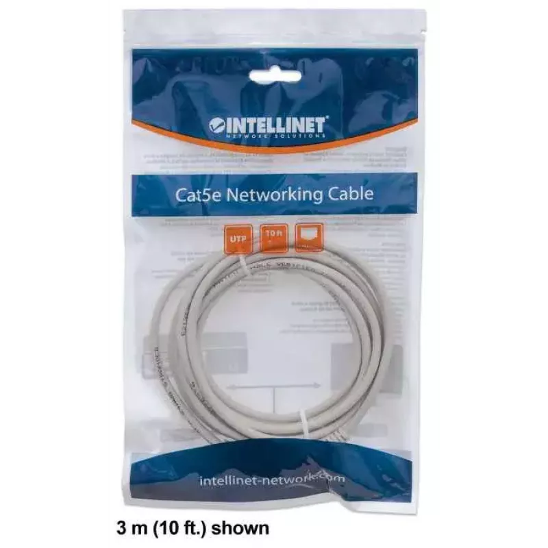Intellinet tīkla komutācijas kabelis, Cat6, 3 m, pelēks, CCA, U/UTP, PVC, RJ45, zeltīti kontakti, bez aizķeršanās, ar apvalku, mūža garantija