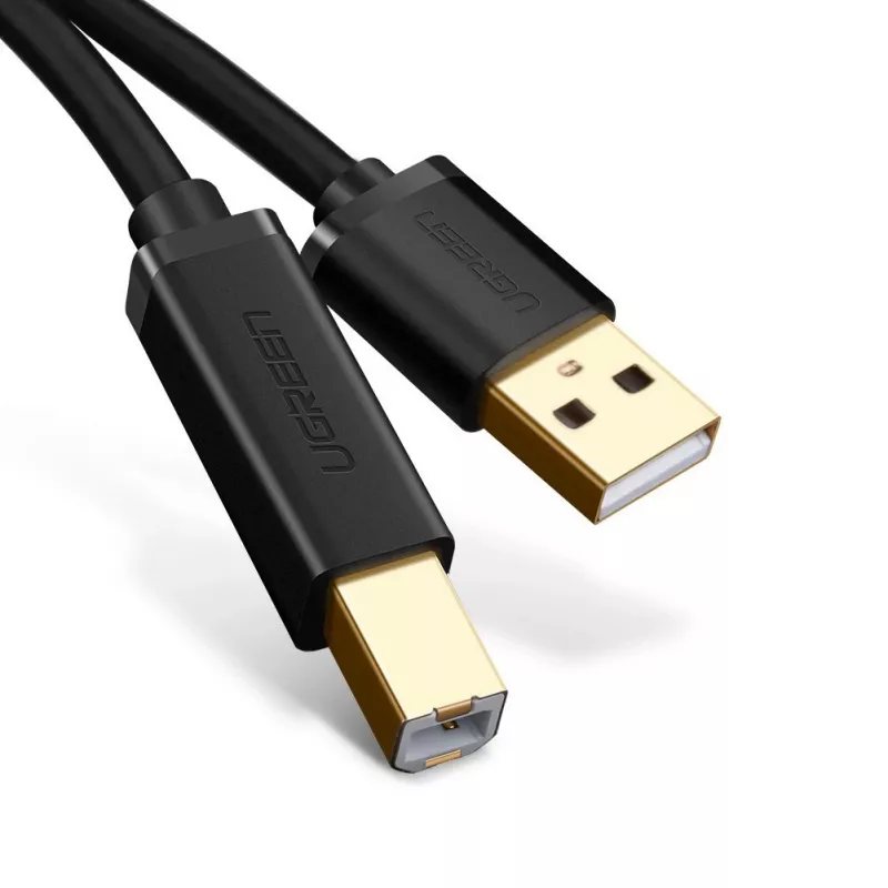 USB 2.0 kabelis UGREEN 10350 — USB A uz USB B, 1,5 m, zelta pārklājuma kontakti, melns