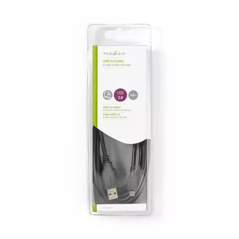 Nedis USB kabelis USB 2.0 3m USB A Micro-USB B Melns