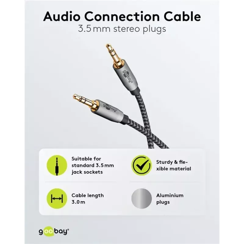 Audio kabelis WENTRONIC Goobay 65275 — 3 m, 3,5 mm TRS vīrišķais–vīrišķais, zeltīti kontakti, magnētiski ekranēts