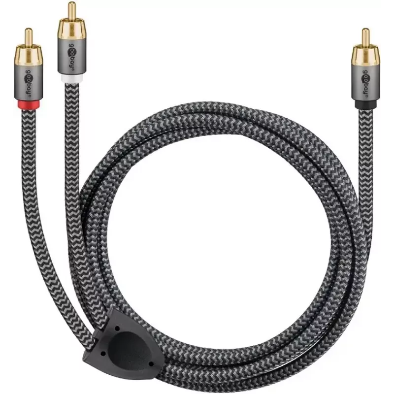 RCA audio kabelis WENTRONIC Goobay 65302 — 2xRCA uz RCA, 5 m, varš, zeltīti kontakti, magnētiski ekranēts