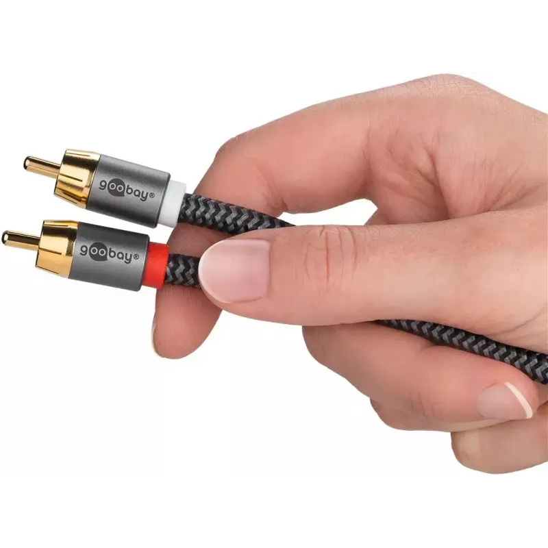 RCA audio kabelis WENTRONIC Goobay 65302 — 2xRCA uz RCA, 5 m, varš, zeltīti kontakti, magnētiski ekranēts
