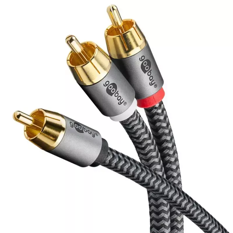 RCA audio kabelis WENTRONIC Goobay 65302 — 2xRCA uz RCA, 5 m, varš, zeltīti kontakti, magnētiski ekranēts