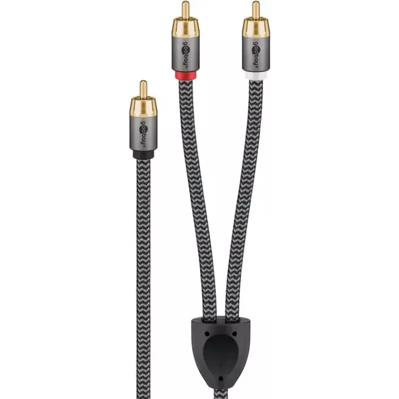 RCA audio kabelis WENTRONIC Goobay 65302 — 2xRCA uz RCA, 5 m, varš, zeltīti kontakti, magnētiski ekranēts