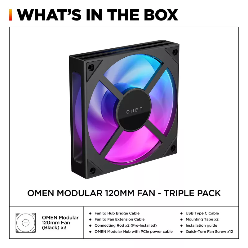 HP OMEN Modular 120 mm ventilators — trīskāršais komplekts, melns