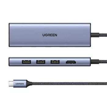 USB Type-C centrmezgls UGREEN 20956A ar HDMI un USB 3.0, 5 Gbps, 4K 3840x2160, sudraba krāsā
