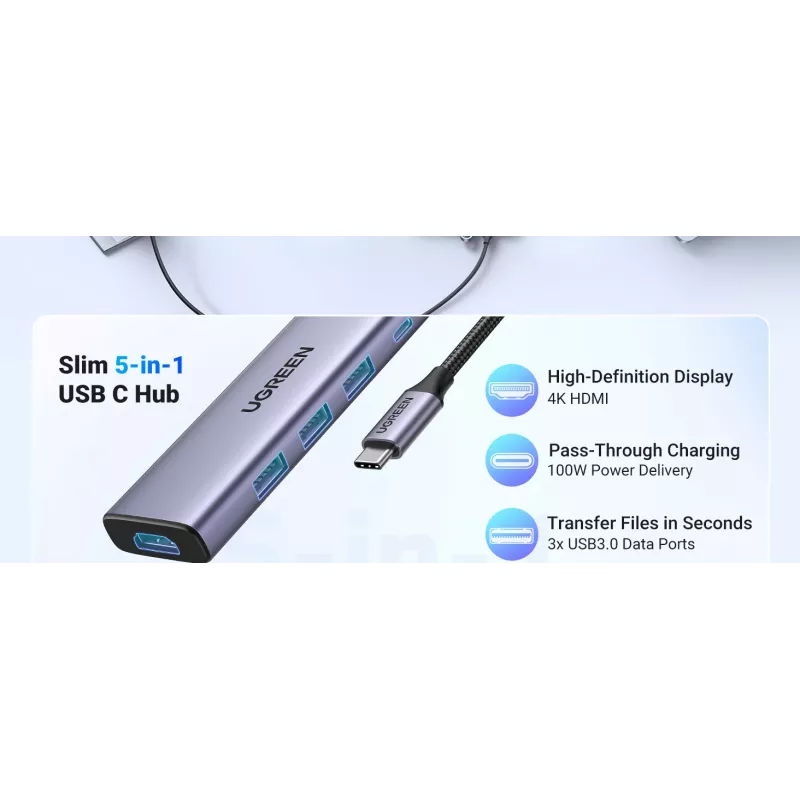 USB Type-C centrmezgls UGREEN 20956A ar HDMI un USB 3.0, 5 Gbps, 4K 3840x2160, sudraba krāsā