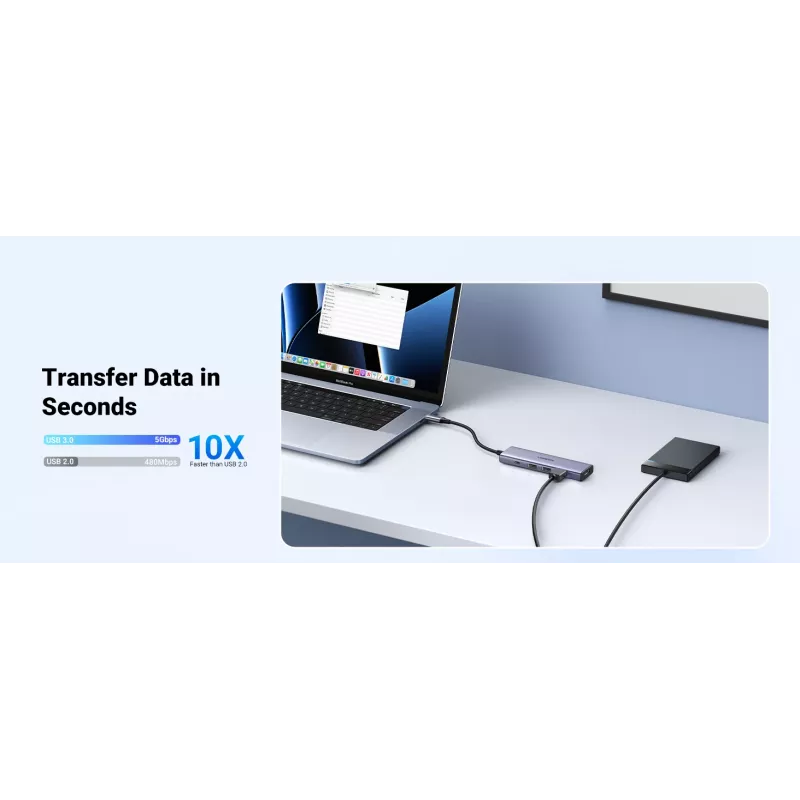 USB Type-C centrmezgls UGREEN 20956A ar HDMI un USB 3.0, 5 Gbps, 4K 3840x2160, sudraba krāsā