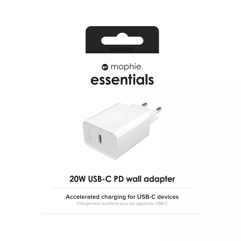 mophie essentials 20W USB-C PD tīkla adapteris, universāls, balts, maiņstrāva, ātrā uzlāde, iekštelpām