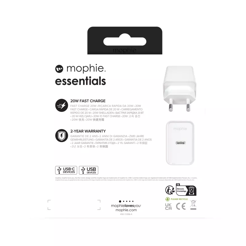 mophie essentials 20W USB-C PD tīkla adapteris, universāls, balts, maiņstrāva, ātrā uzlāde, iekštelpām