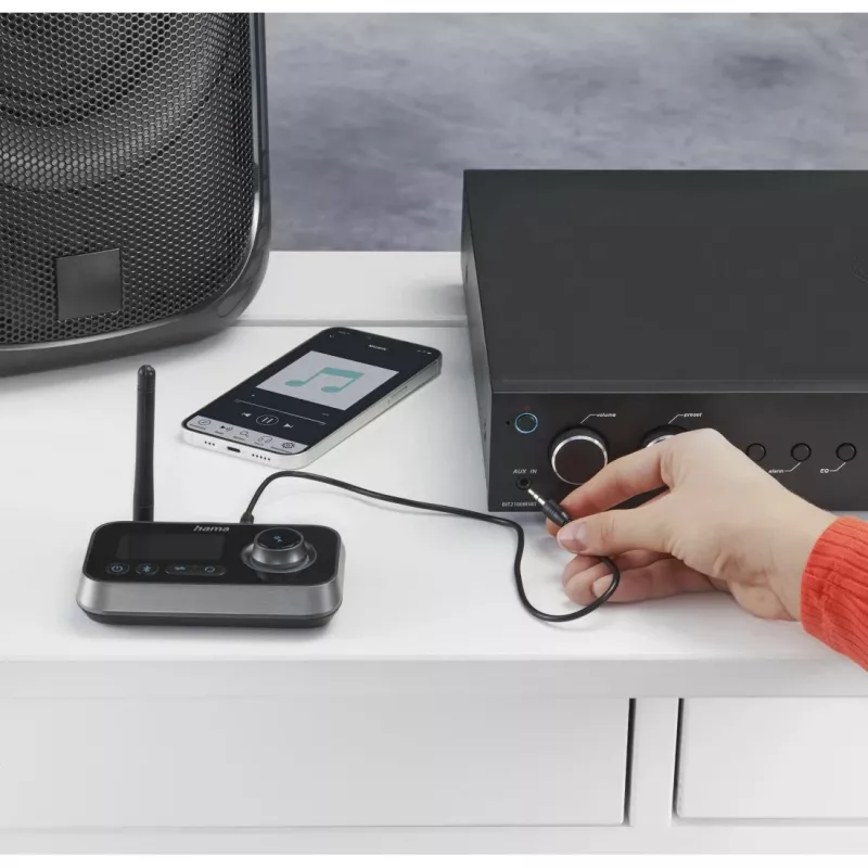 Bezvadu audio raidītājs/uztvērējs HAMA Link.it duo 3,5 mm, Bluetooth, 10 m diapazons, USB barošana, melns