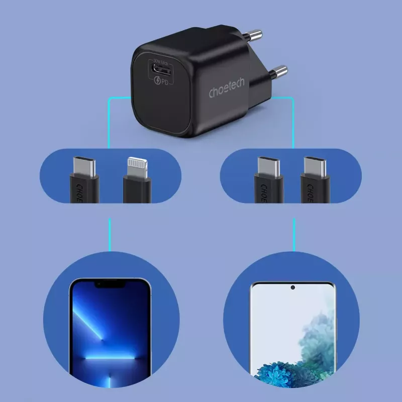 Lādētājs CHOETECH PD5007 30W USB-C Power Delivery ātra uzlāde viedtālruņiem un planšetdatoriem