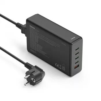 Uzlādes stacija HAMA 201977, 240 W kopējā jauda, 4× USB-C, 1× USB-A, melna