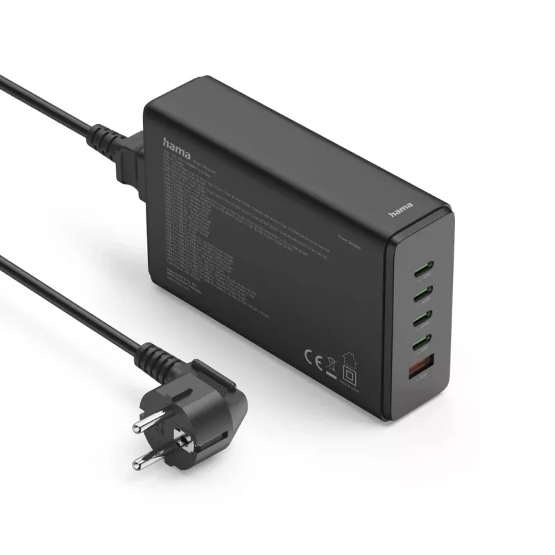Uzlādes stacija HAMA 201977, 240 W kopējā jauda, 4× USB-C, 1× USB-A, melna