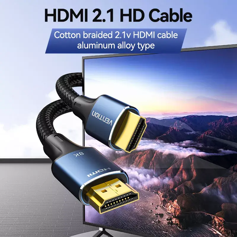 HDMI kabelis Vention 8K 48Gbps HDMI 2.1 Kokvilnas pinums Vīrs-uz-Vīrs 1 m Zils Alumīnijs