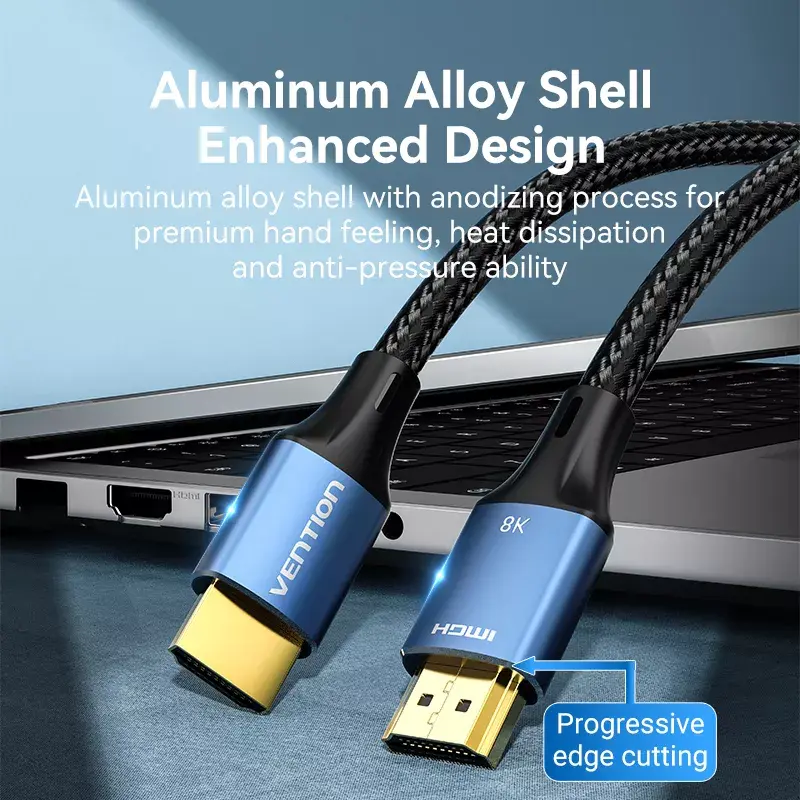 HDMI kabelis Vention 8K 48Gbps HDMI 2.1 Kokvilnas pinums Vīrs-uz-Vīrs 1 m Zils Alumīnijs