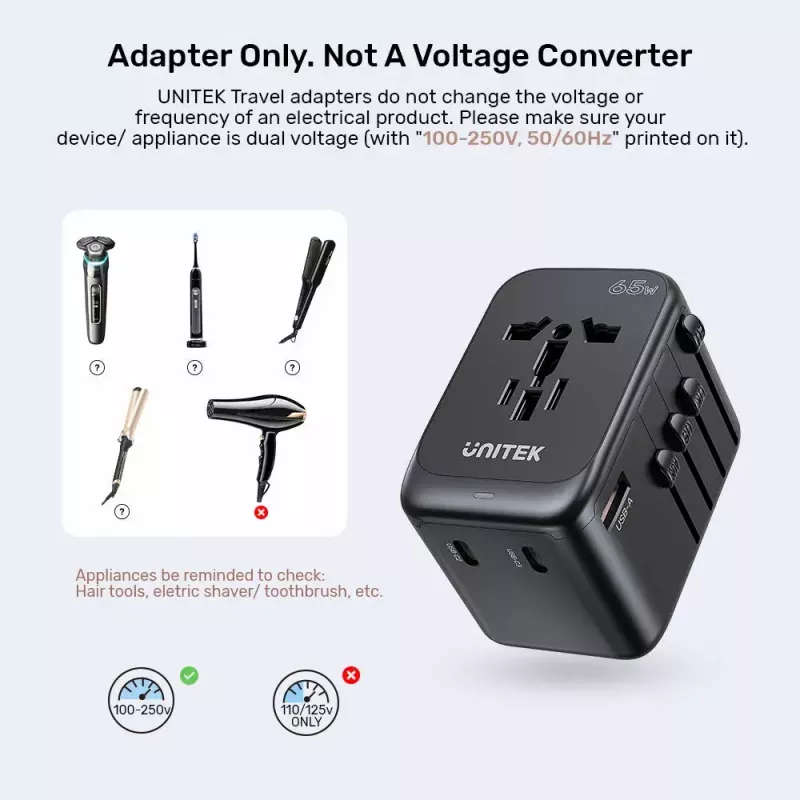Strāvas kontaktdakšu adapteris UNITEK P1122ABK01 Universāls Melns C G I tipa