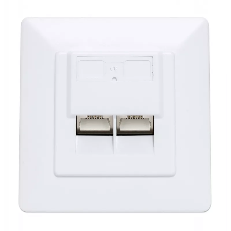 Intellinet 2-portu Cat6 10G ekranēta RJ45 sienas ligzda, padziļinājumā montējama, ar priekšējo paneli, STP, signālbalts RAL9003