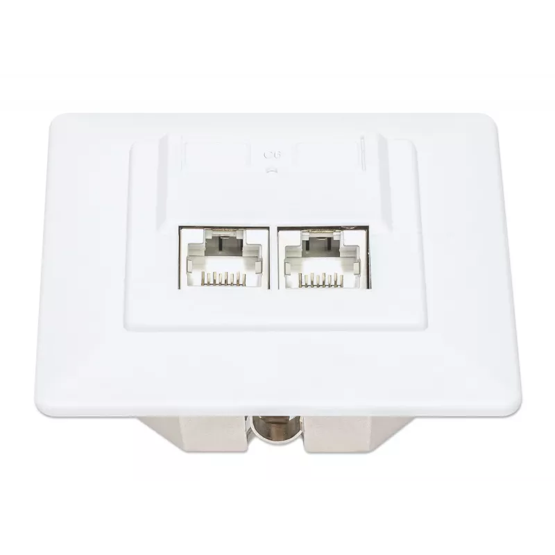 Intellinet 2-portu Cat6 10G ekranēta RJ45 sienas ligzda, padziļinājumā montējama, ar priekšējo paneli, STP, signālbalts RAL9003