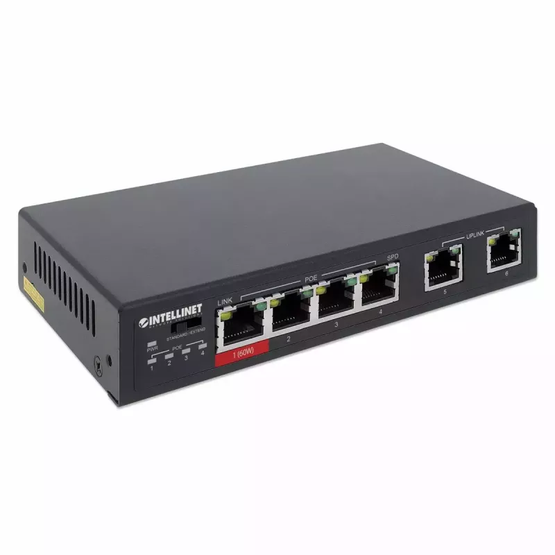 Intellinet 6 portu ātrdarbīgs Ethernet slēdzis ar 4 PoE portiem, 65 W jaudas budžets